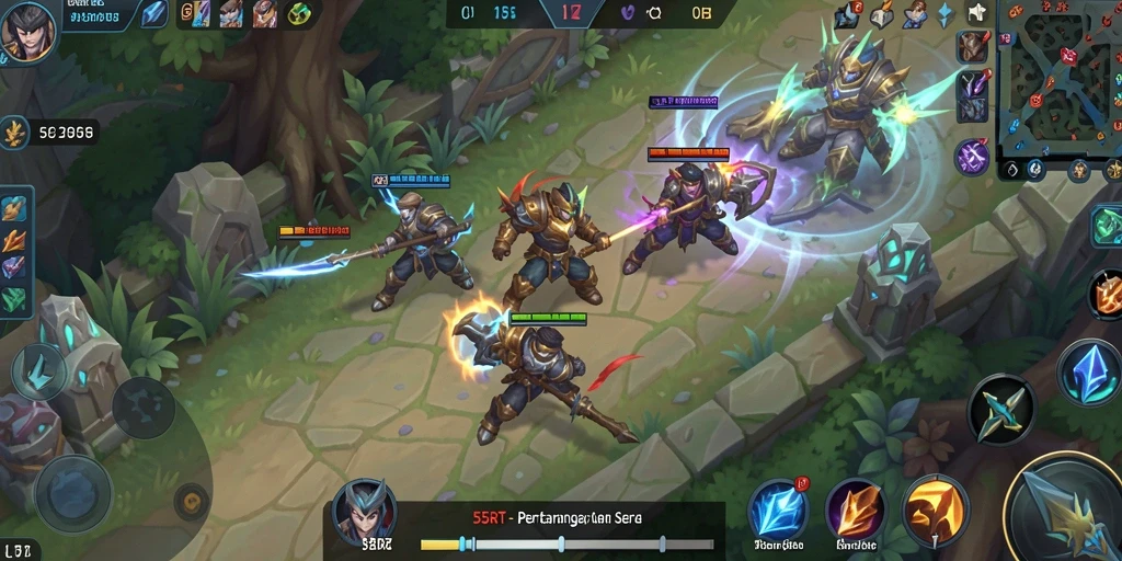 Screenshot gameplay 55RT menampilkan aksi hero di arena pertempuran.