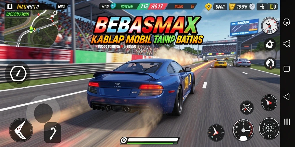 Screenshot gameplay BEBASMAX yang menunjukkan aksi balap seru dan mobil yang menakjubkan.