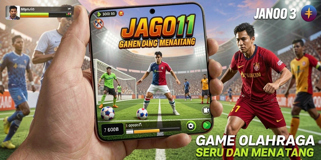Tampilan utama JAGO11 menunjukkan aksi permainan olahraga yang seru.