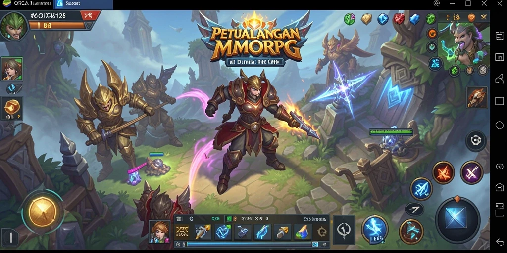 Screenshot gameplay ORCA128 menampilkan pertarungan epik di dunia MMORPG.
