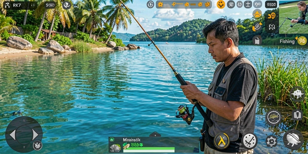 Screenshot gameplay RK77 dengan aksi memancing yang seru.