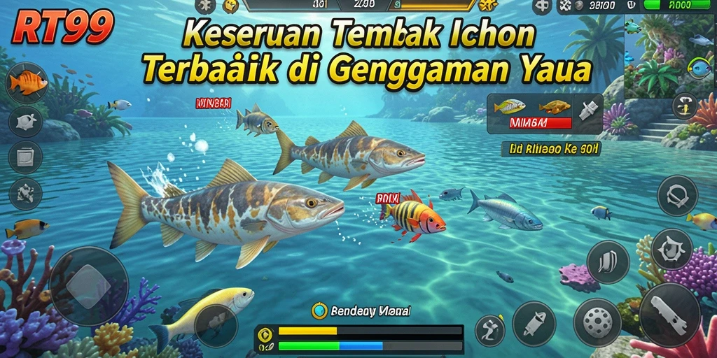 Screenshot gameplay RT99 menampilkan aksi menembak ikan yang seru.