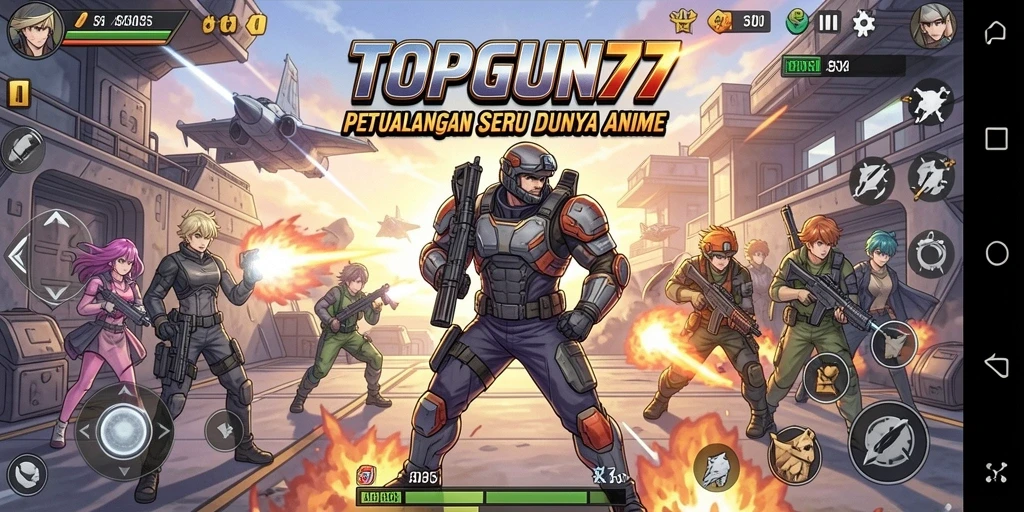 Screenshot utama TOPGUN77 yang menunjukkan aksi pertarungan karakter Anime.
