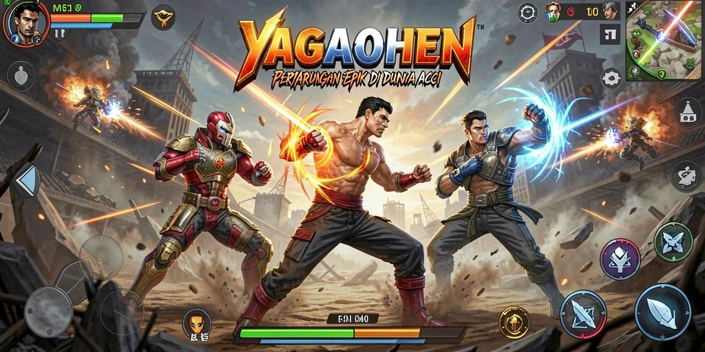 Tampilan aksi seru di YAGAOHEN dengan karakter bertarung.